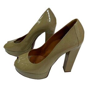 Lanvin Nude Tan Patent Leather Peep Toe Platform Heels Pumps 40